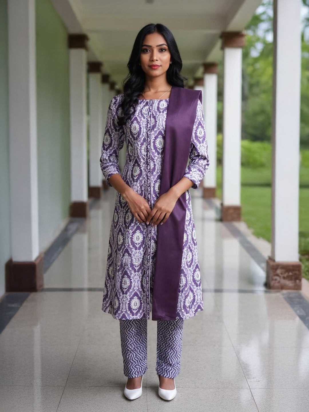 Women Cotton Printed Kurti Set Lavender EKS47