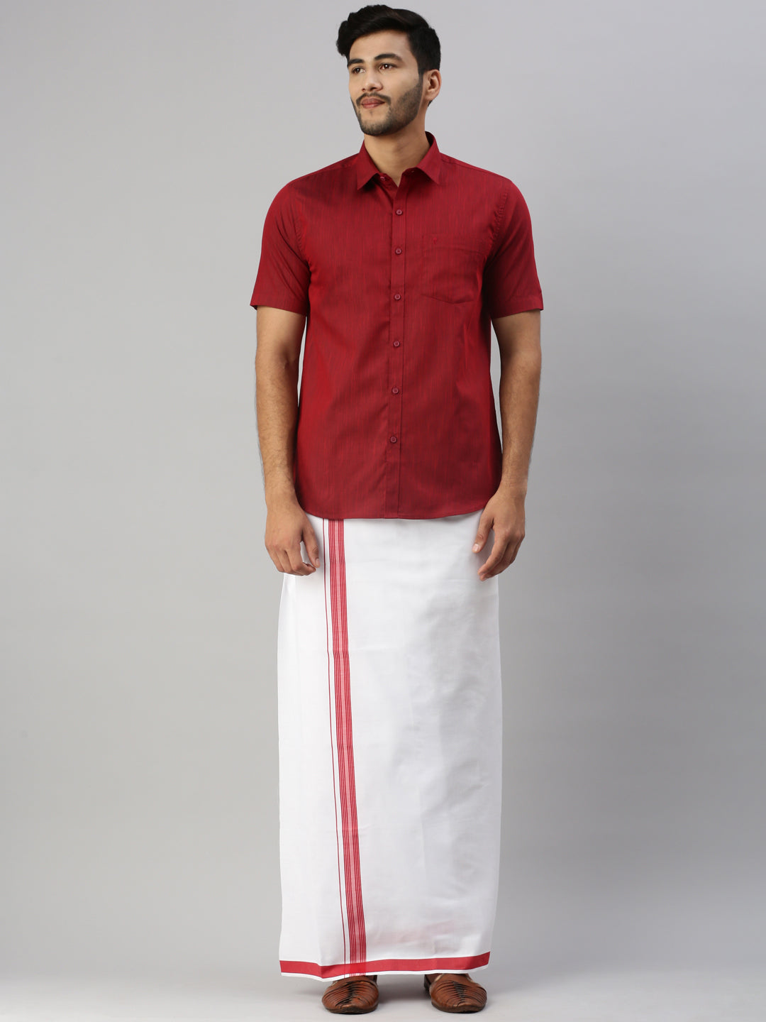 Mens Dark Red Matching Border Dhoti & Half Sleeves Shirt Set Evolution IC9