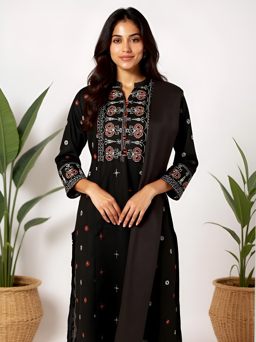 Women Cotton Printed Kurti Set Black EKS50