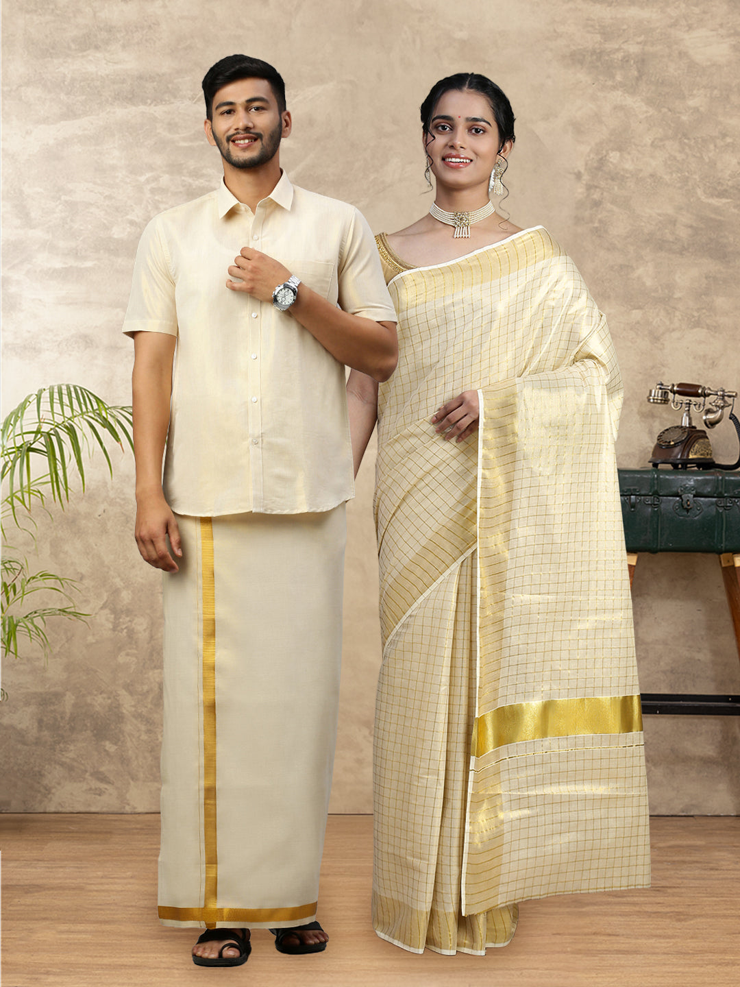 Couple Combo Shirt & Dhoti Set with Saree Gold KS218