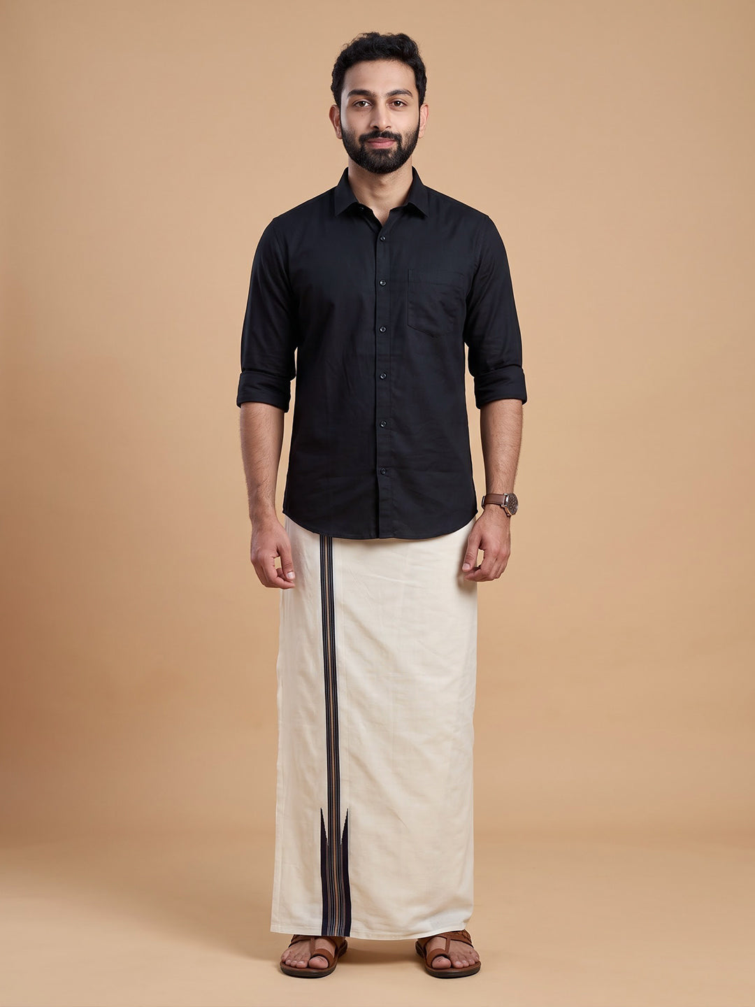 Double Layer 100% Cotton Cream Dhoti with Colour Jari Border - LC50