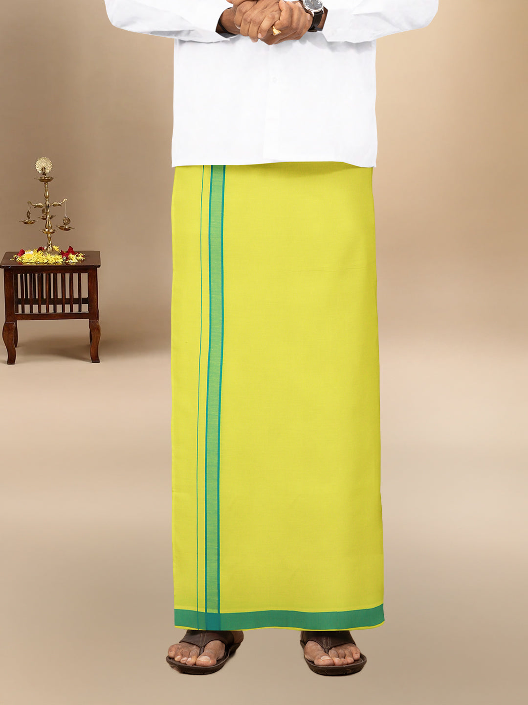Men 100% Cotton Single Layer Lime Yellow Dhoti with Fancy Border Ahimsa