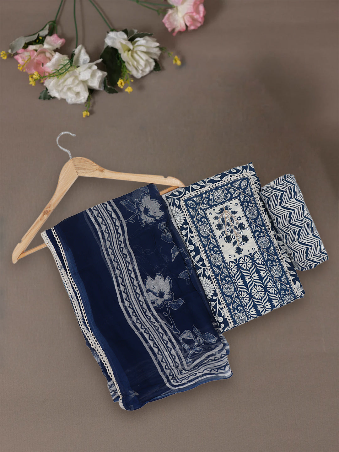 Women Pure Cotton Printed Dress Material Dark Blue DM316