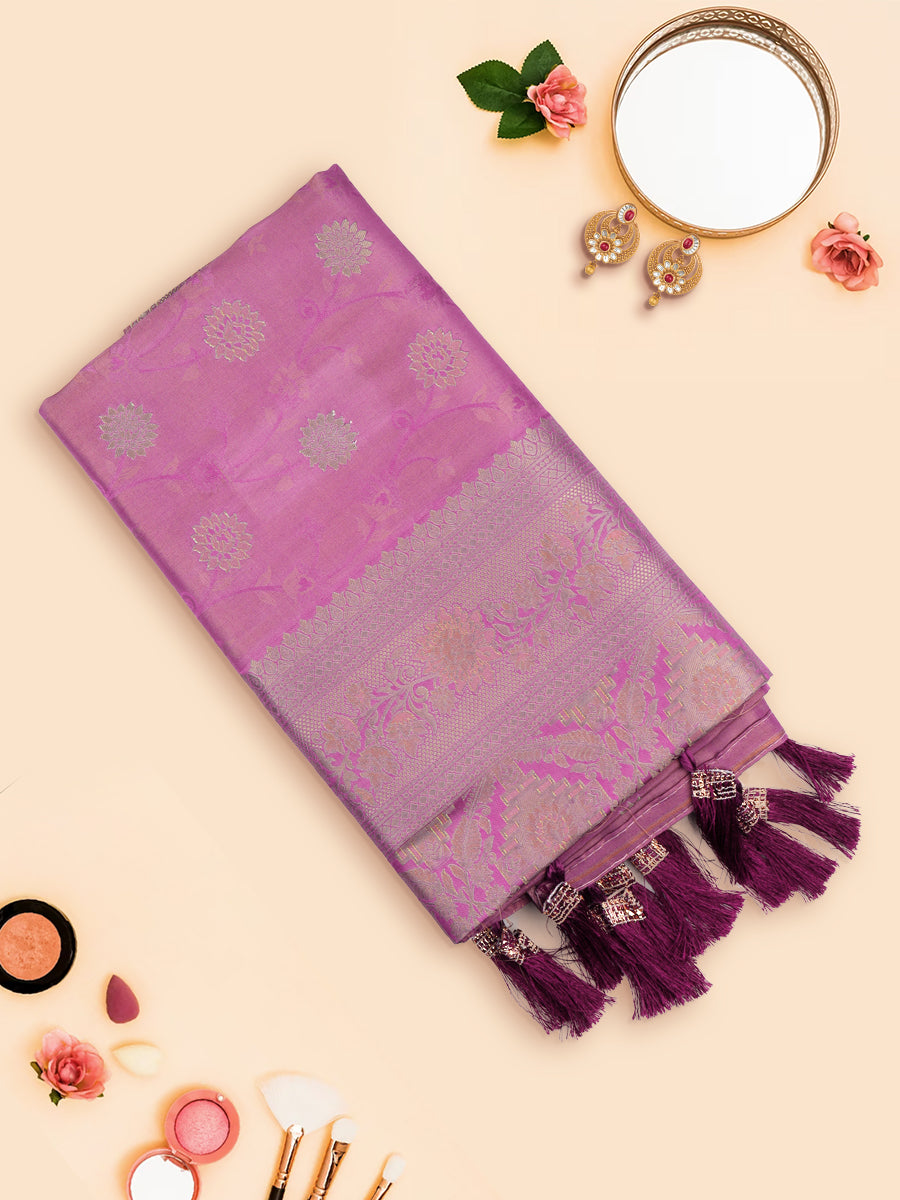 Women Stylish Flower Design Semi Silk Lavender Saree with Jari Border SS77-View one