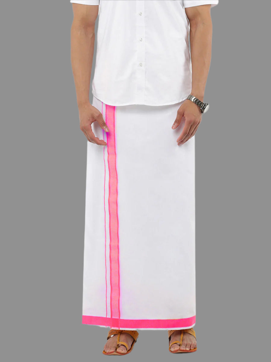 Mens 100% Cotton Double Dhoti White with Pink Border Ozone Plain