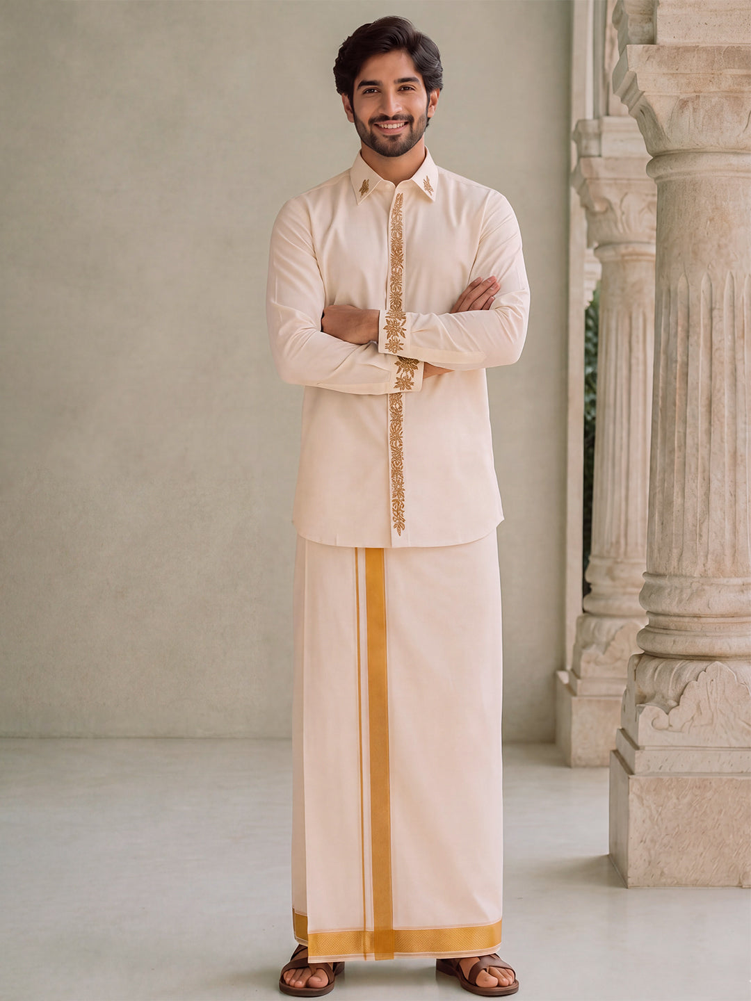 Premium Pure Tussar Silk Butterfly Hand Embroidered Customized Shirt & Dhoti Set with Zari Dozi Work on Collar & Cuffs | Vyoma Vaibhavam
