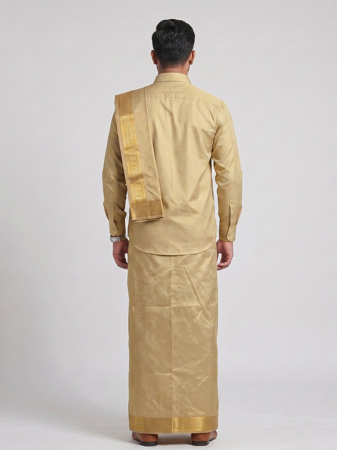 Art Silk Gold Jacquard Design Shirt Dhoti & Towel Set - DGJD1