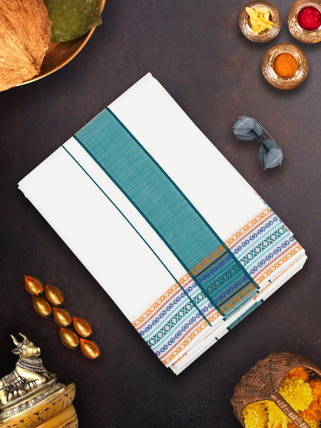 Mens White Panchakacham with Angavasthram Green Fancy Border Srirasthu (9+5)