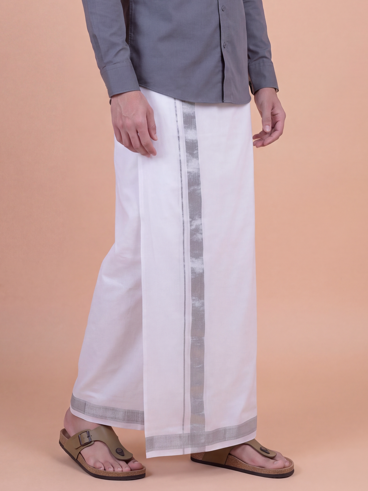Double Layer Pure Linen White Dhoti with Silver Jari Border - Europian Gift 3.90m