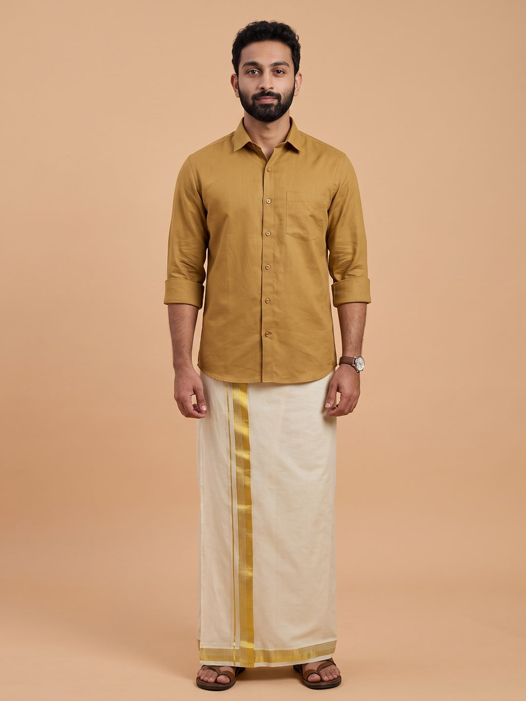 Double Layer Premium Handloom Cream Dhoti with Jari Border - HLM118