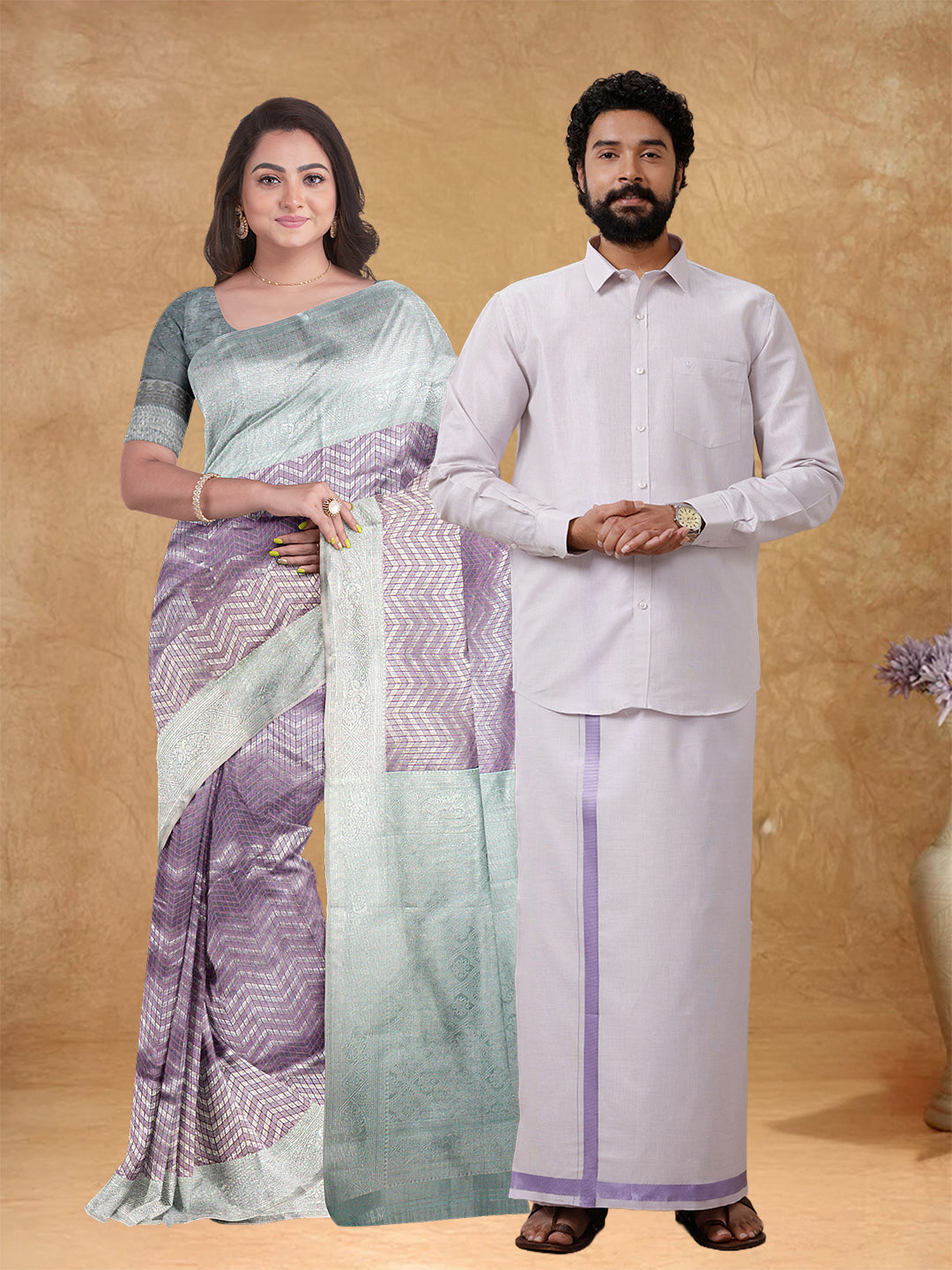 Couple Combo Shirt Dhoti Set with Saree Lavender