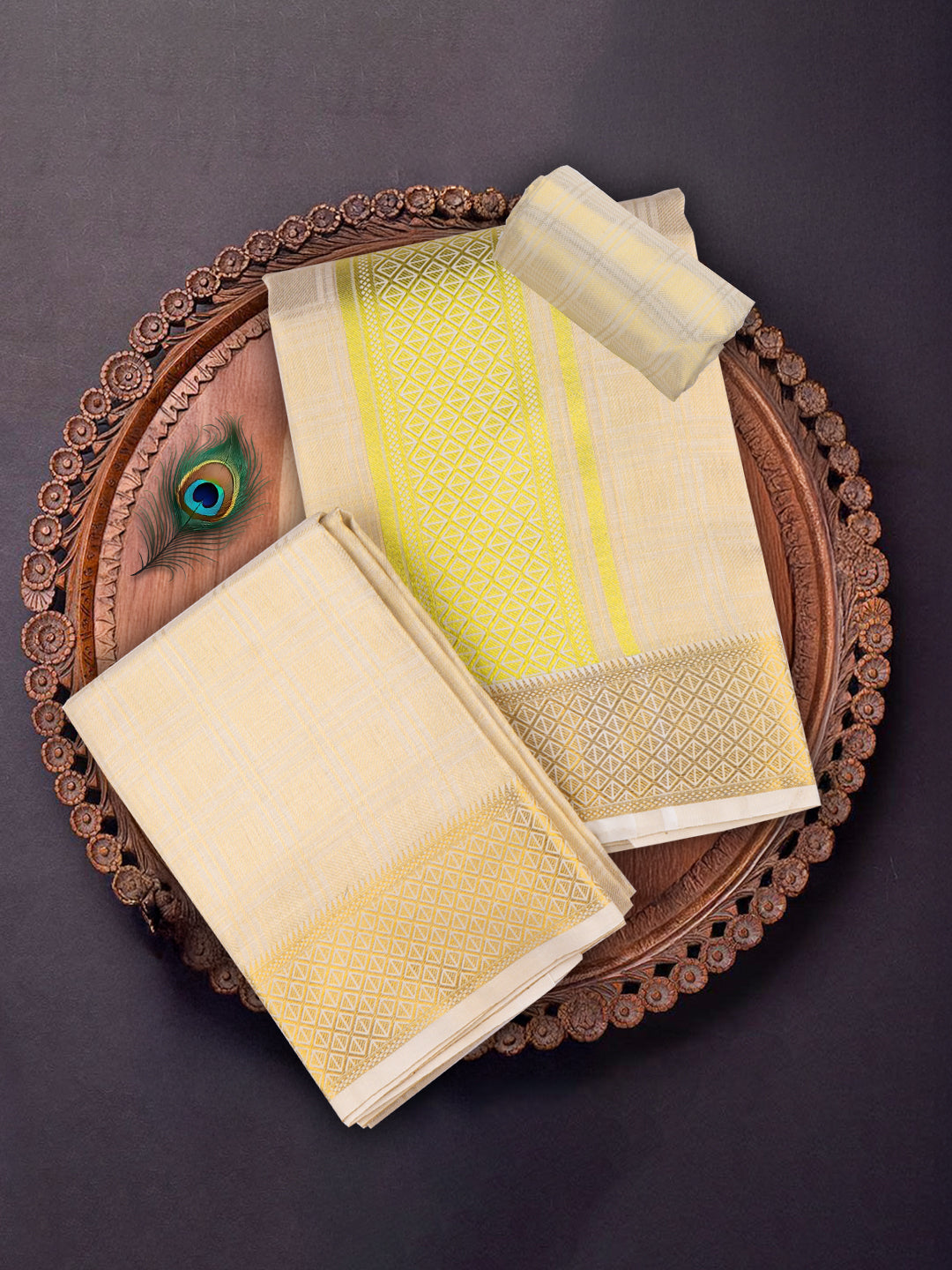 Men Tissue Dhoti Shirting & Towel Set Cream Golden Glory GG02