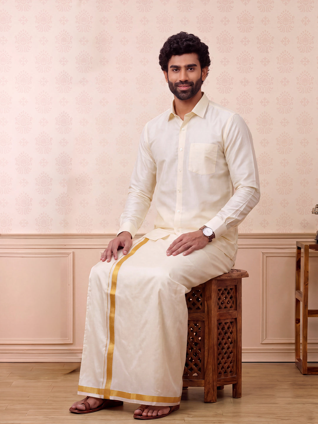 Art Silk Butter Scotch Readymade Dhoti & Shirt Set