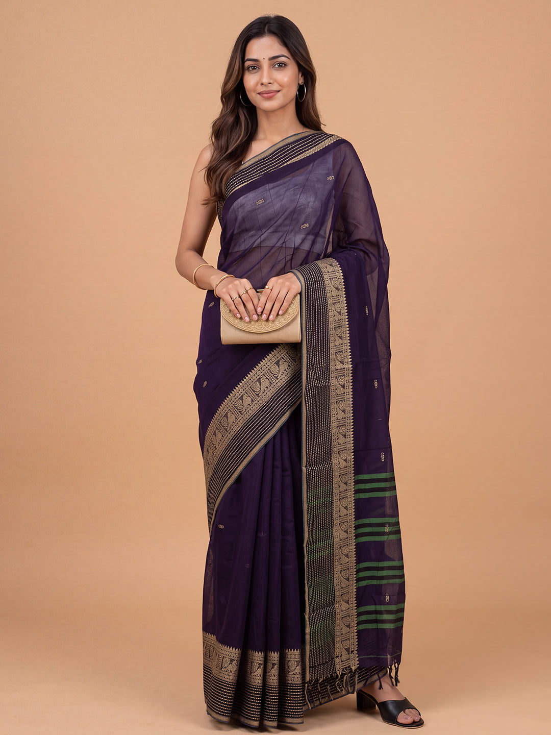 Women Mercerised Cotton Deep Blue Embroidered Saree PCS294