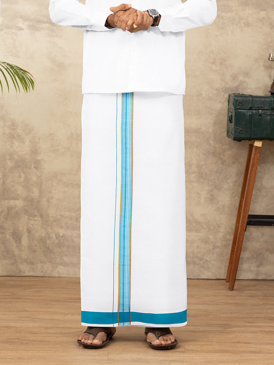 Men Cotton Blend Single Layer White Dhoti with Fancy Jari Border WGF12