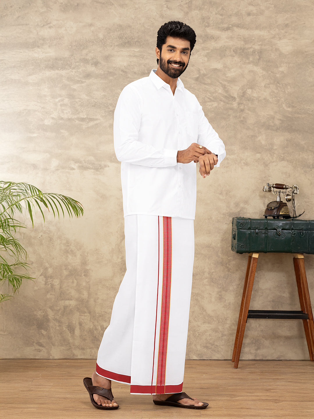 Men Cotton Blend Single Layer White Dhoti with Fancy Jari Border WGF09
