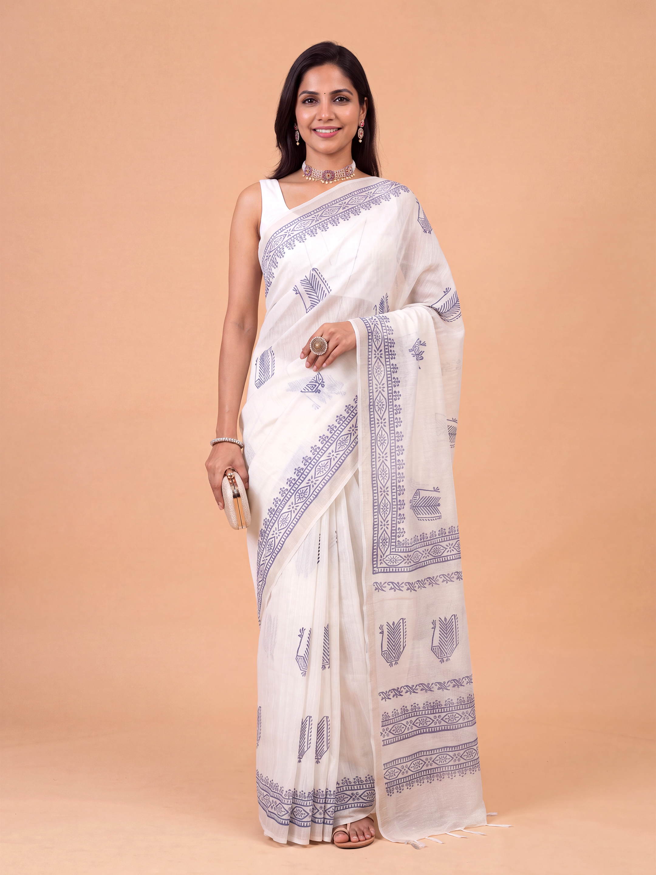 Women White Semi Chanderi Cotton Printed Saree SC82