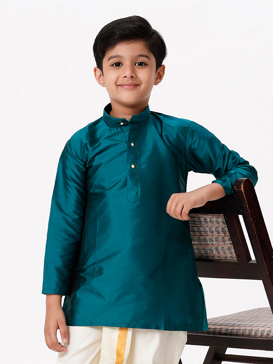 Boys Silk Cotton Full Sleeves Dark Green Kurta-Front view