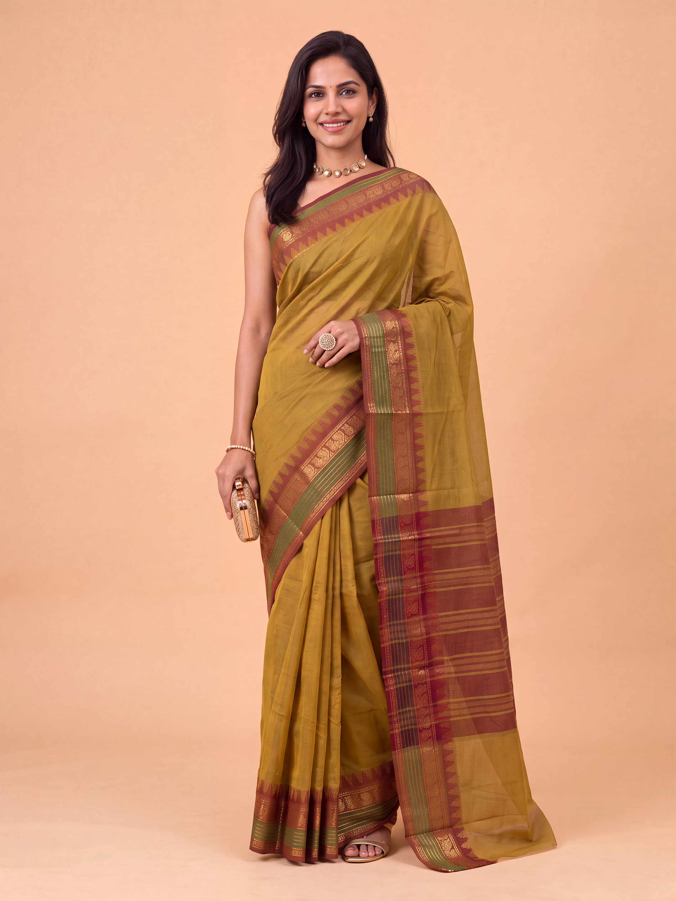 Women Mustard Green Chettinad Cotton Saree CCS01