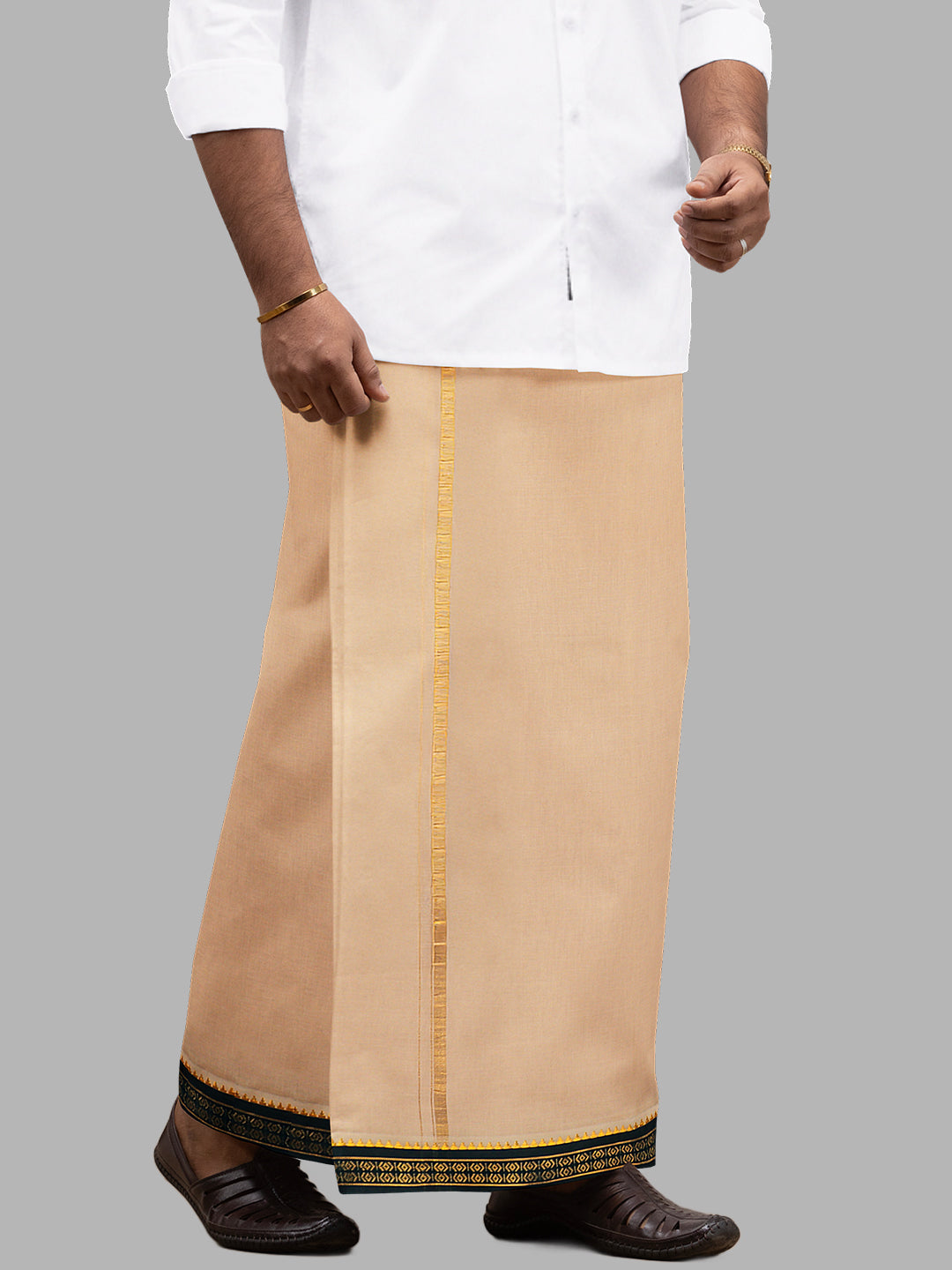 Men 100% Cotton Double Layer Light Kaavi Dhoti with Mayilkhan Border