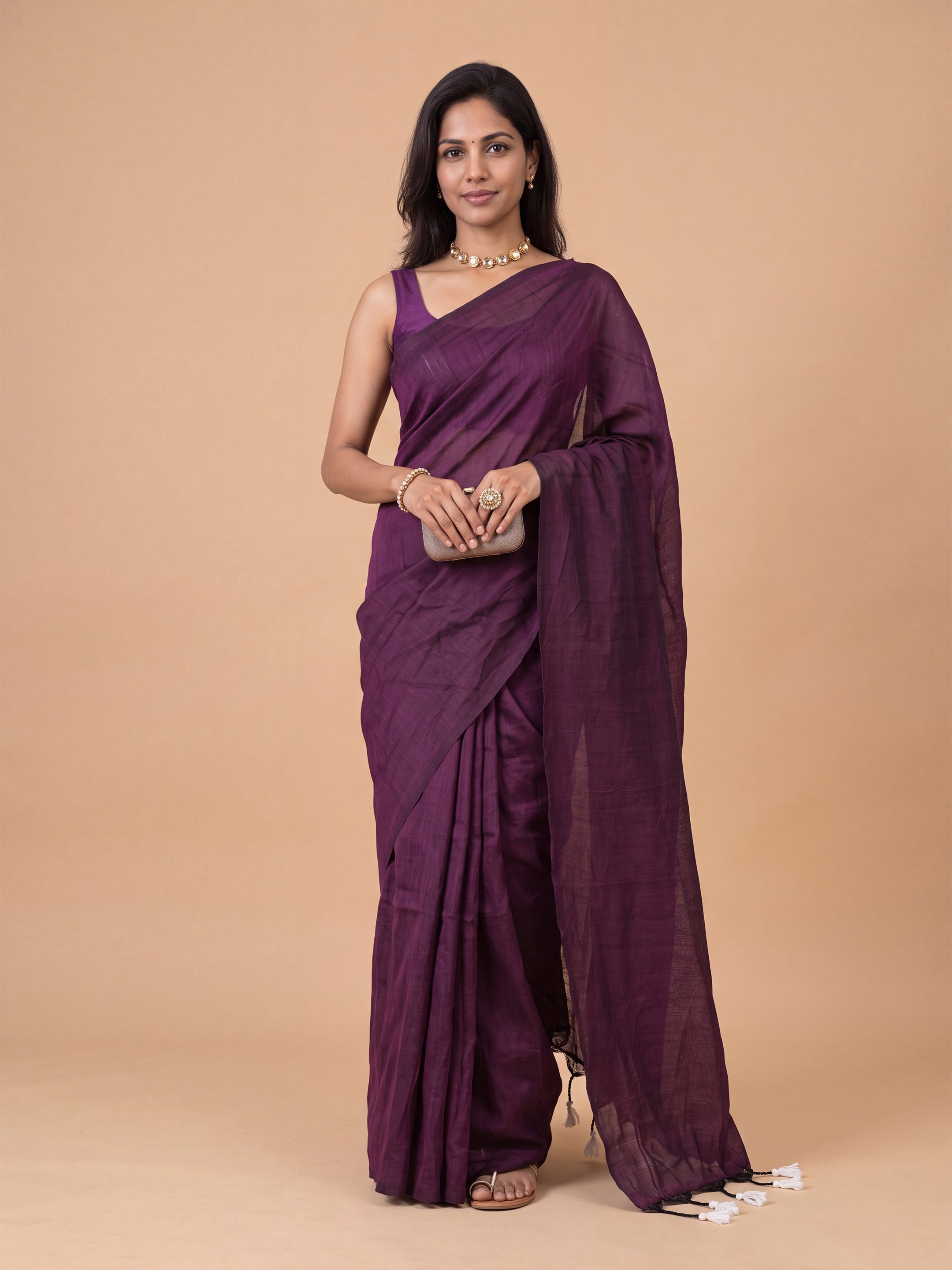 Women Pure Cotton Dark Purple Saree PCS292