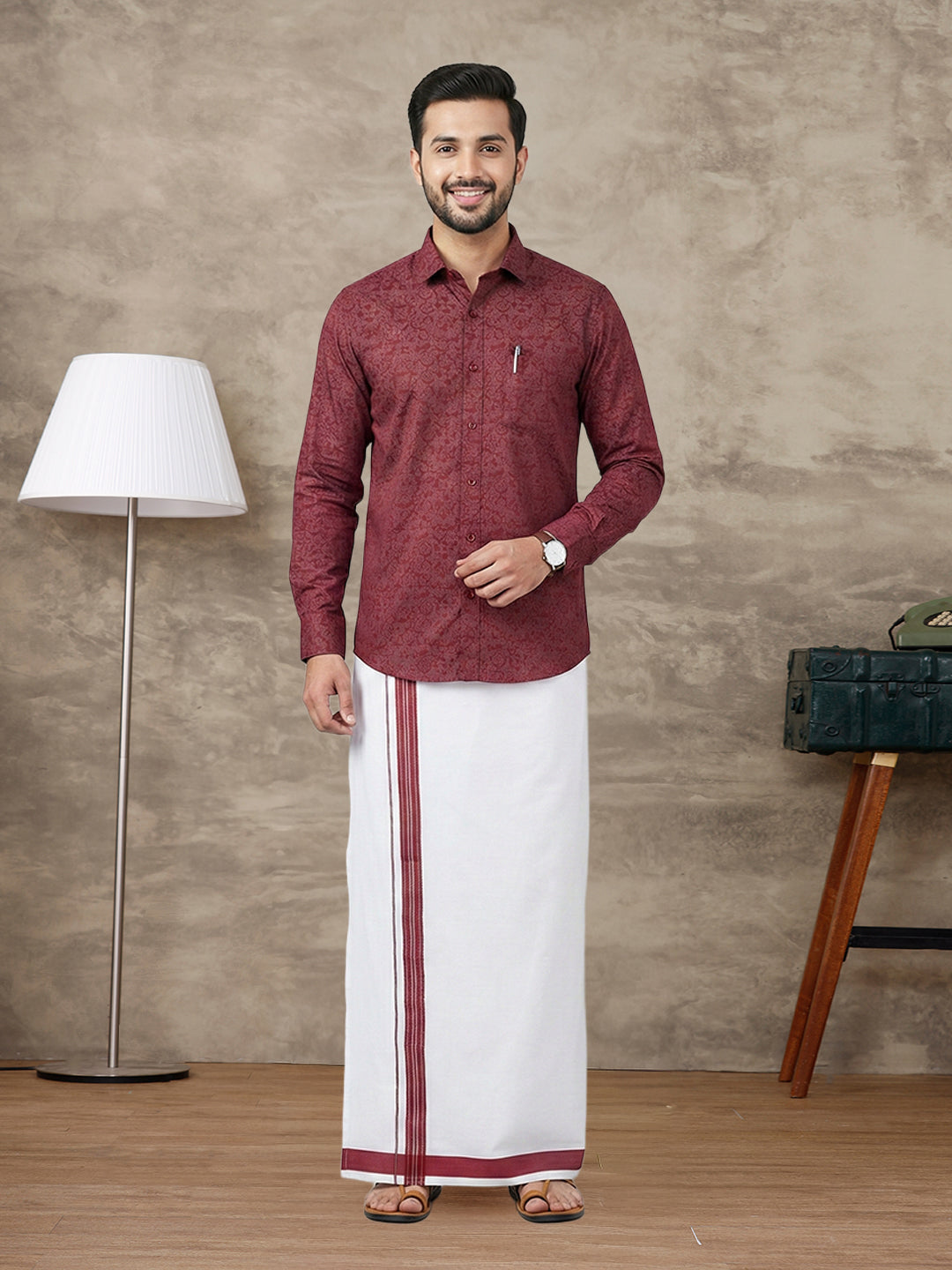 Men Deep Red Matching Border Dhoti With Printed Shirt Set Fusion PS22