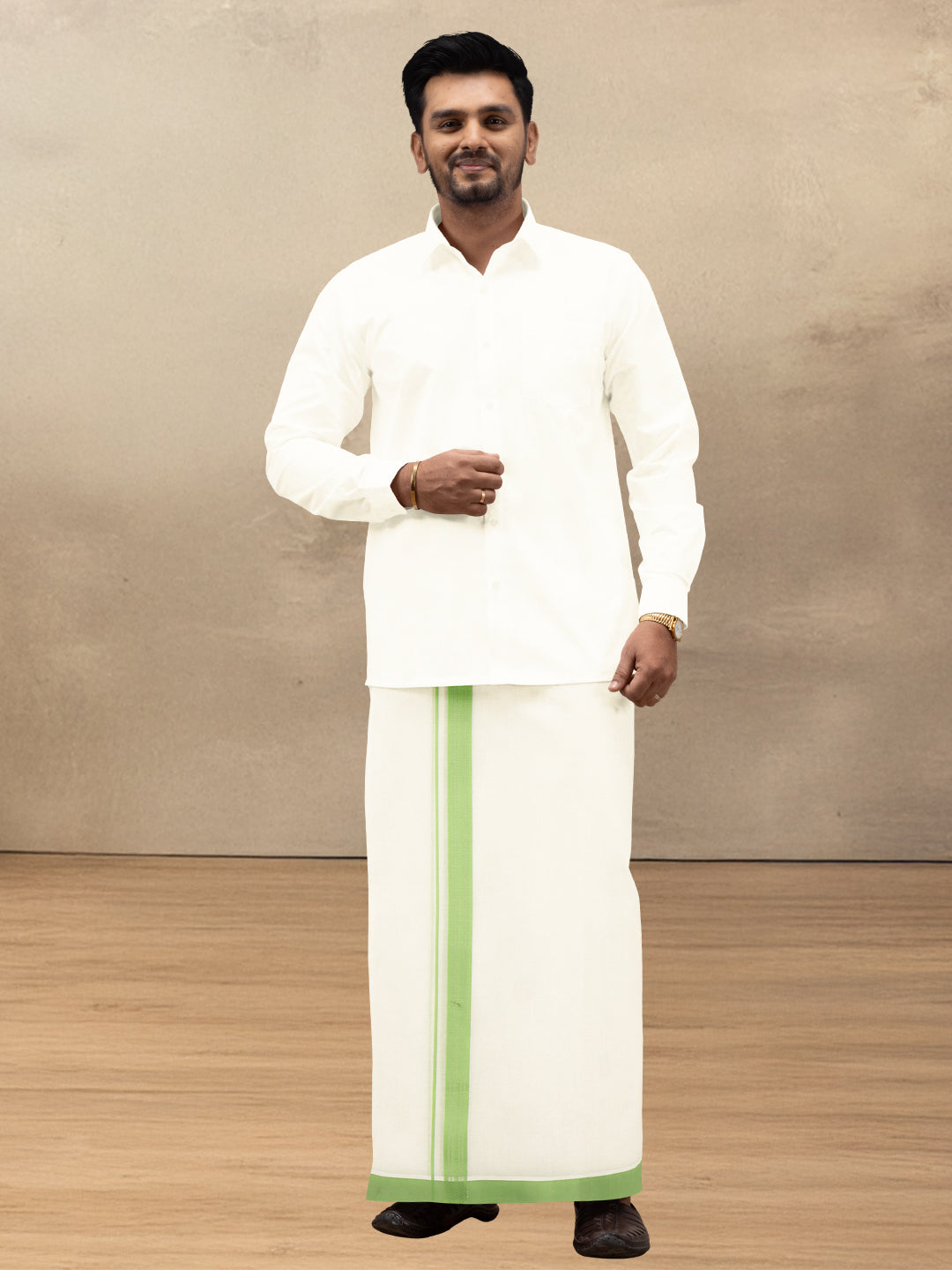 Men Kora Cotton Double Layer Dhoti with Green Fancy Border VKF06