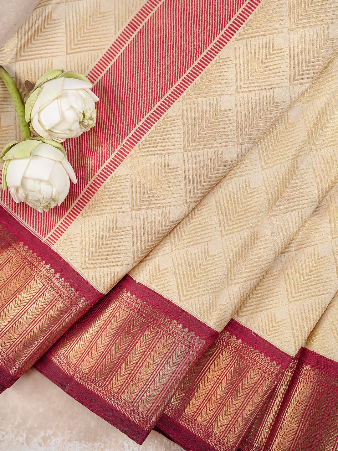 Pure Silk 4½" Fawn Dhoti & Towel Set – Amirtham Korvai Jari Self-Weaving Design