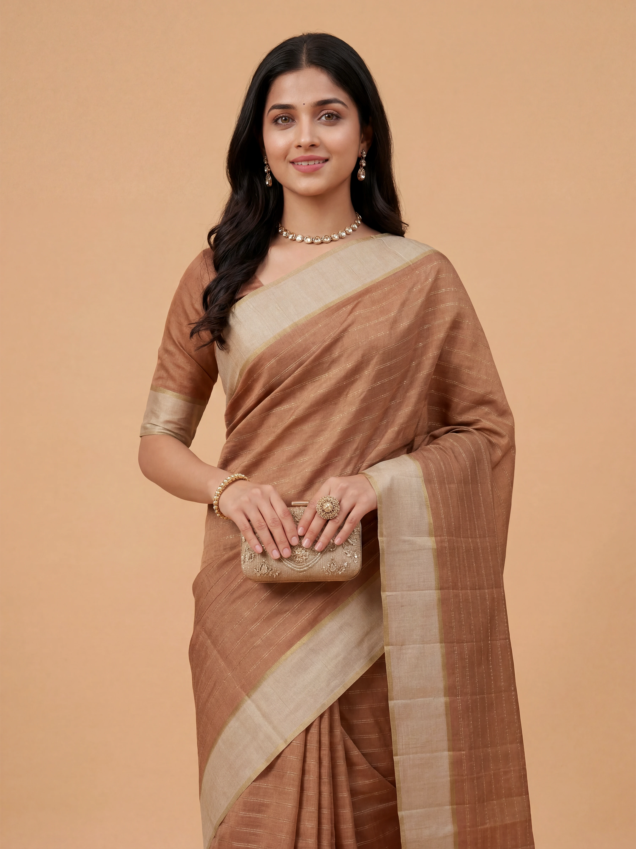 Women Semi Tussar Brown Saree ST330