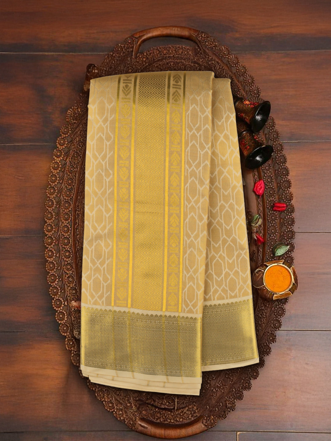 Men Art Silk Wedding Set Dhoti Shirting & Towel Set Gold Brahmotsavam B14(3*1)