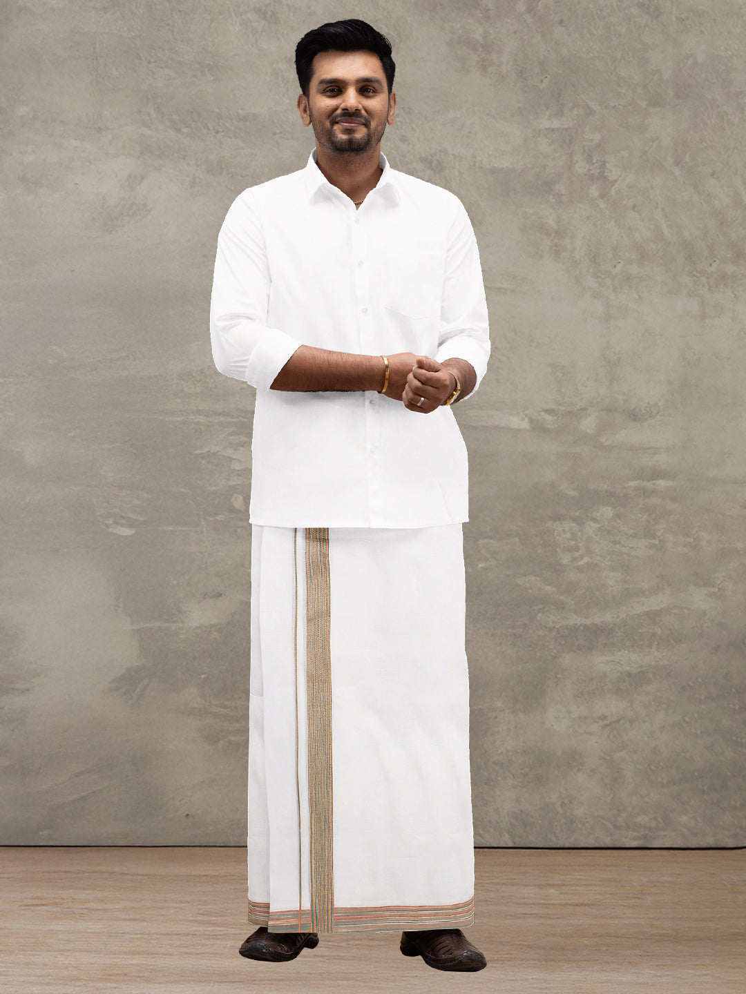 Men 100% Cotton Double Layer White Dhoti with Fancy Border PMF11