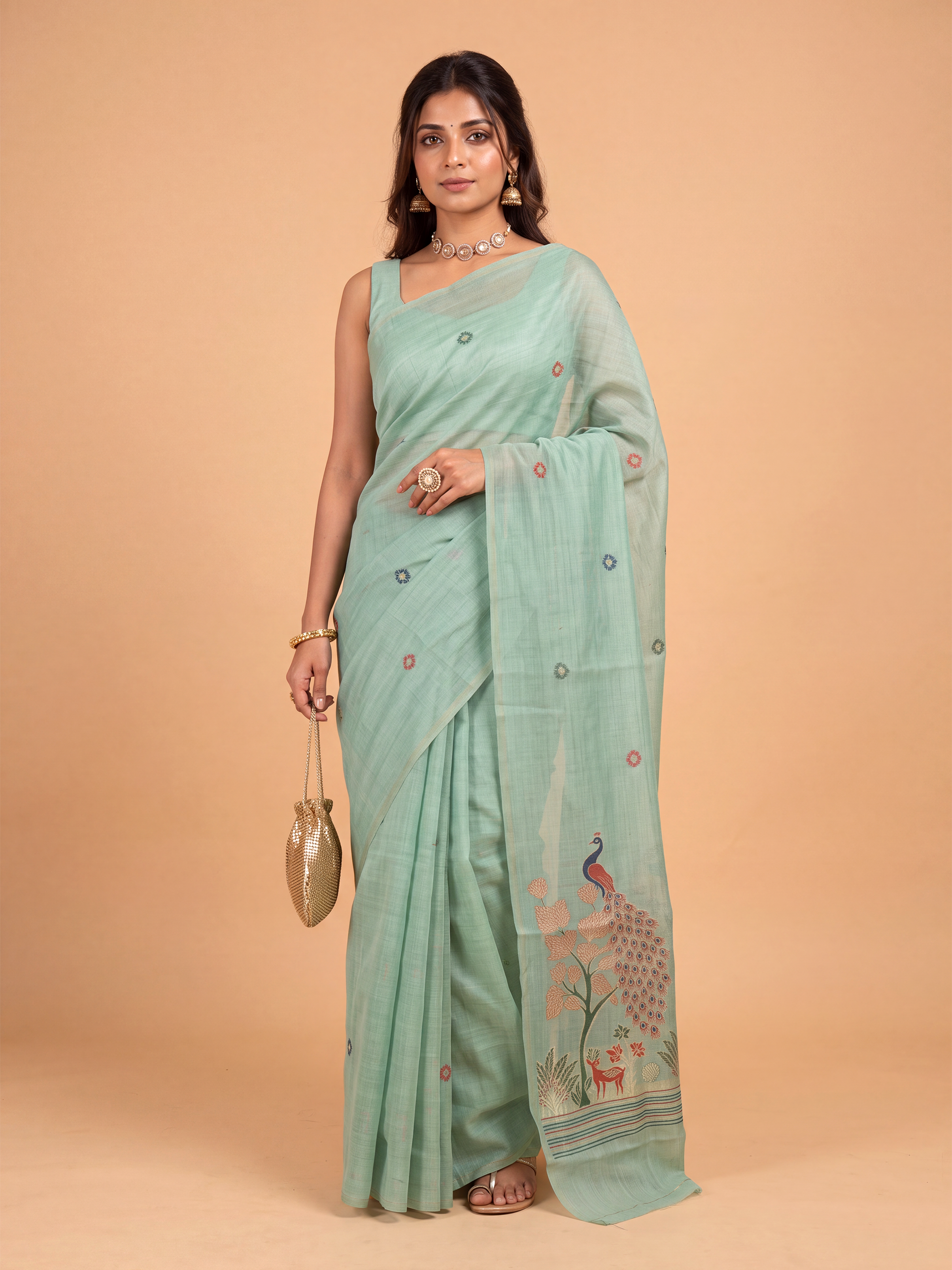 Women Mint Green Spun Poly Printed Saree SP11