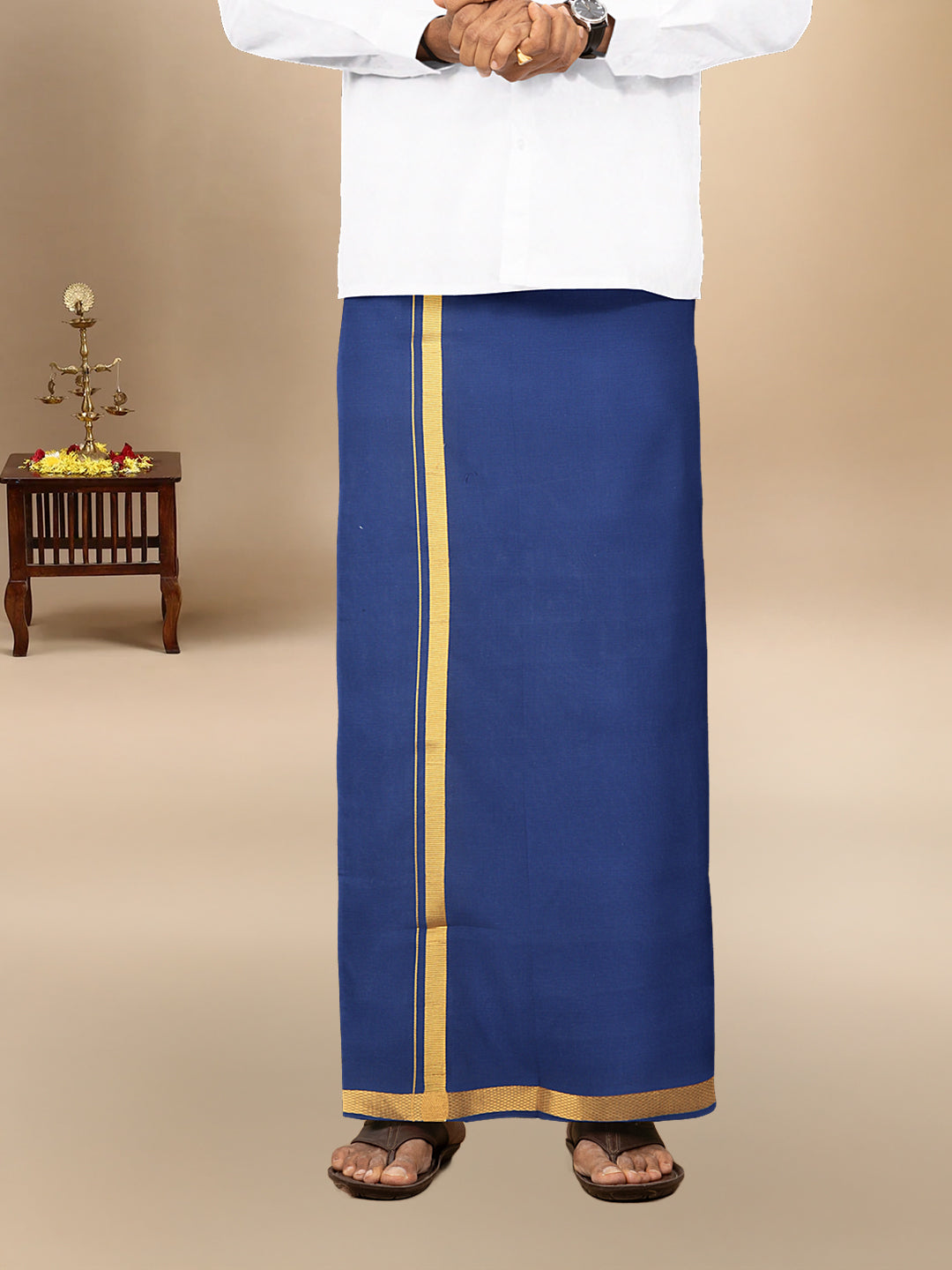 Men Cotton Blend Single Layer Blue Dhoti with Gold Jari Border Cosmic