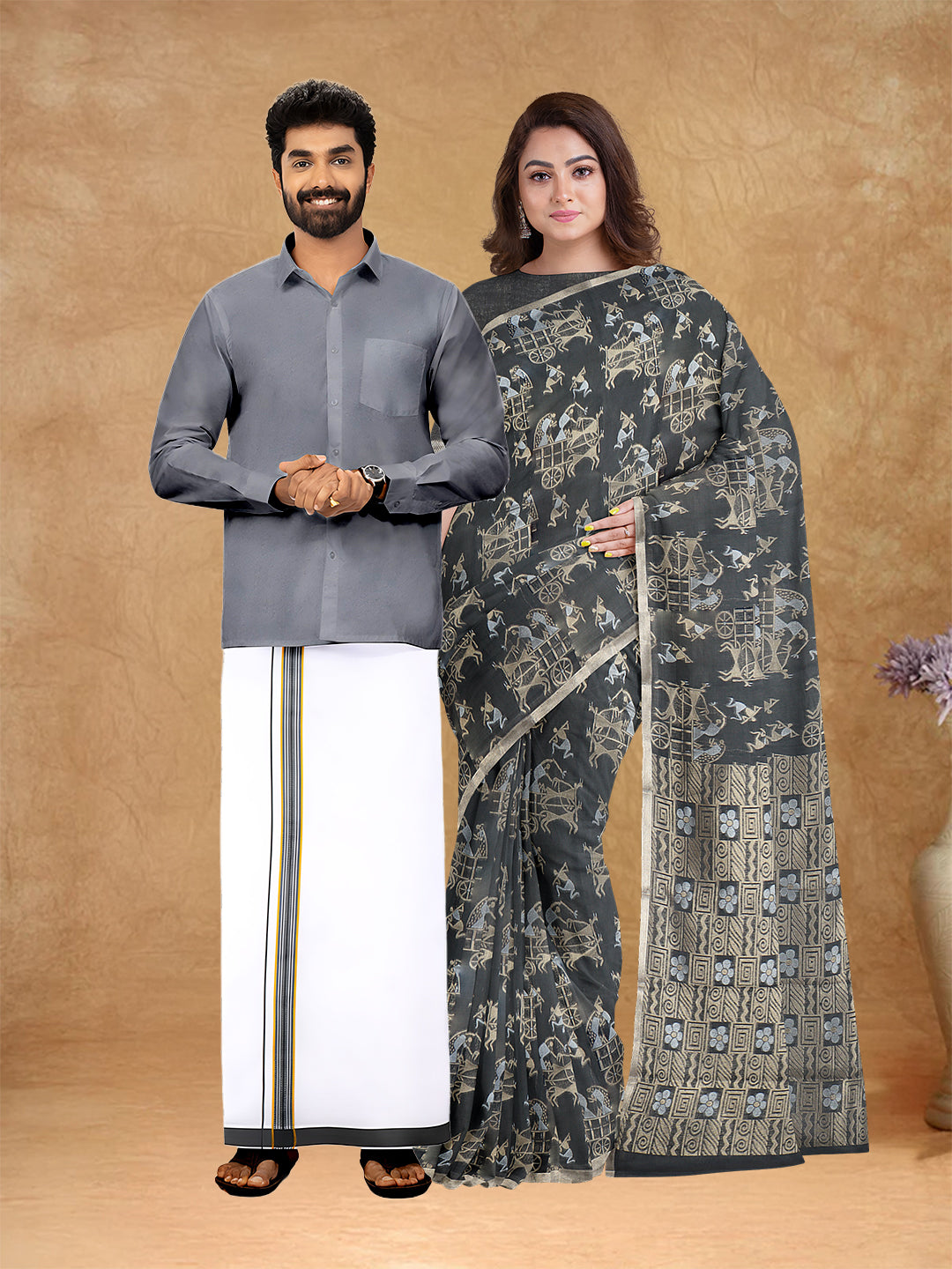 Couple Combo Shirt & Dhoti Set with Saree Grey PCS184