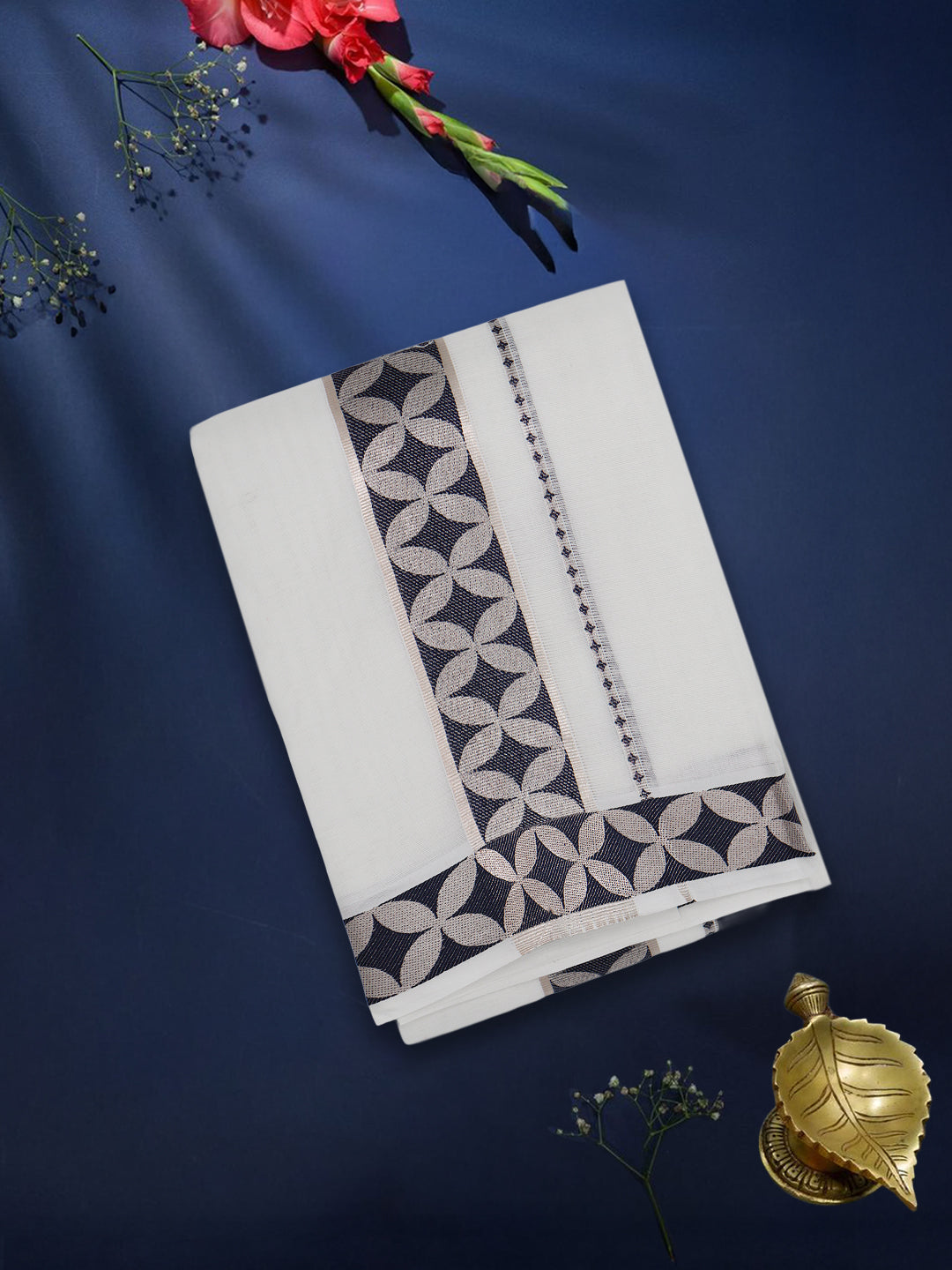 Men Premium Cotton Double Layer White Dhoti with Navy Fancy Jari Border Luxury Club LC20