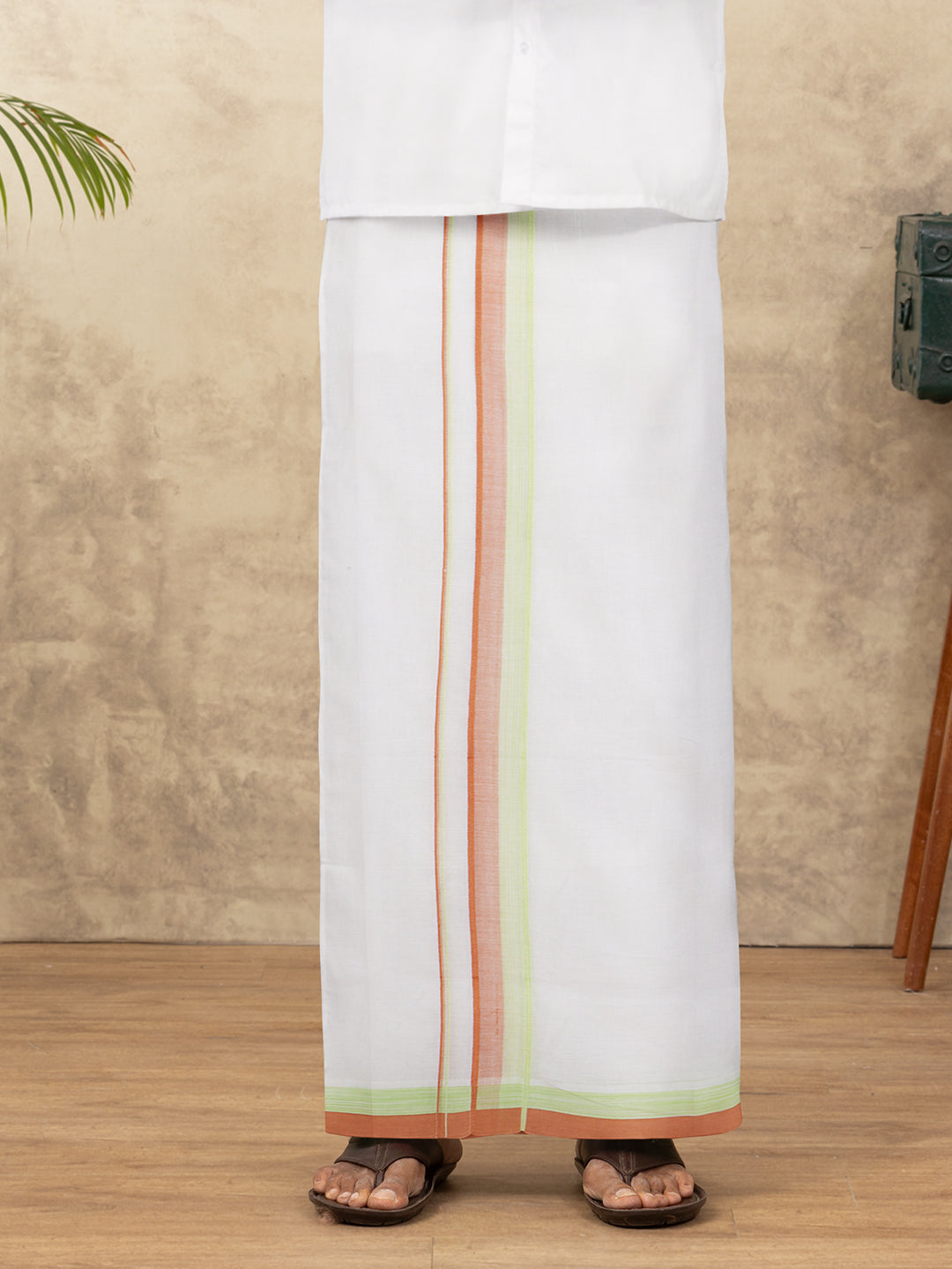 Men Cotton Blend Double Layer White Dhoti with Fancy Border Panchami Fancy PMF14