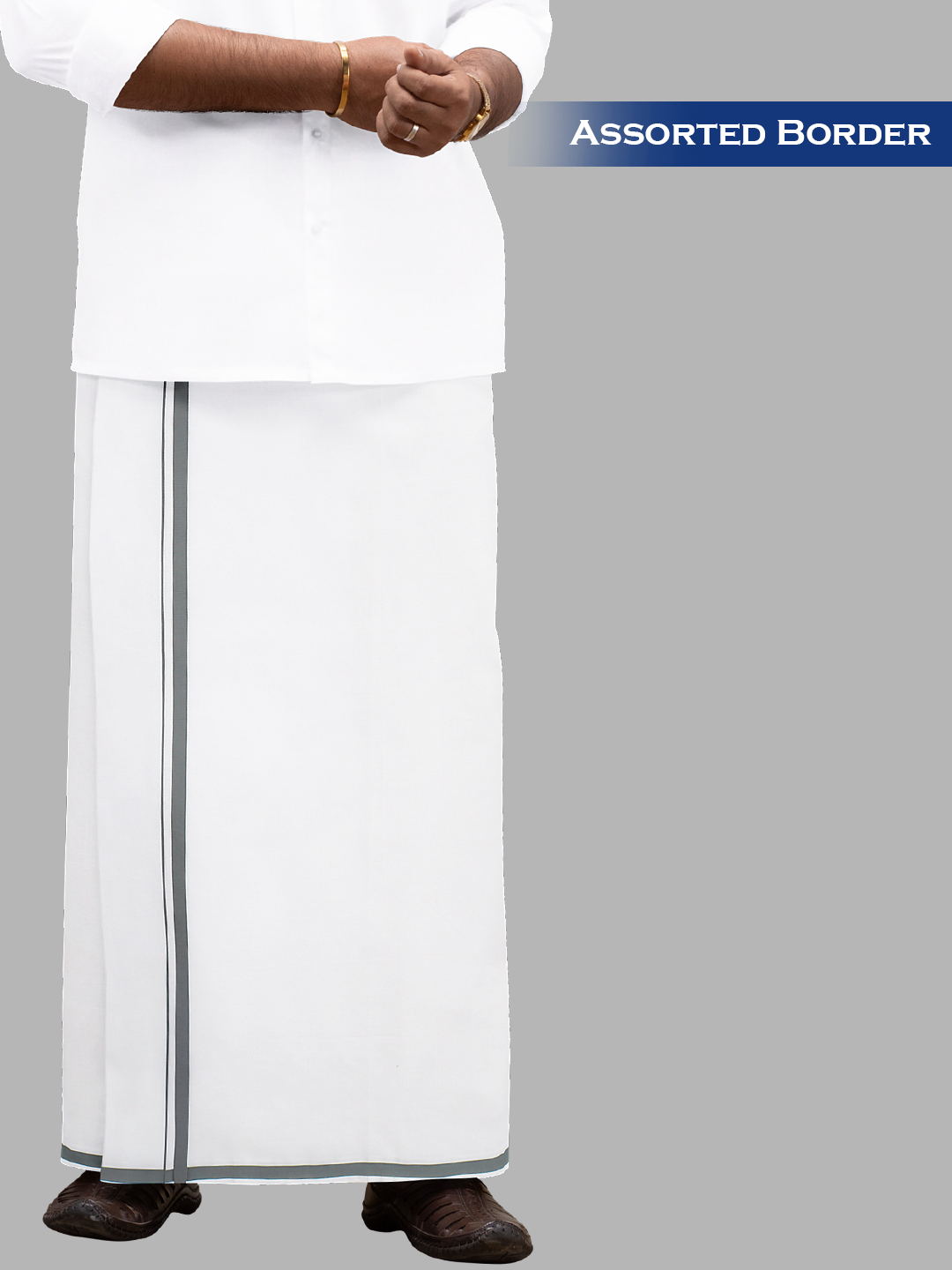 Men Cotton Blend Single Layer White Dhoti with Assorted Border Bramosh