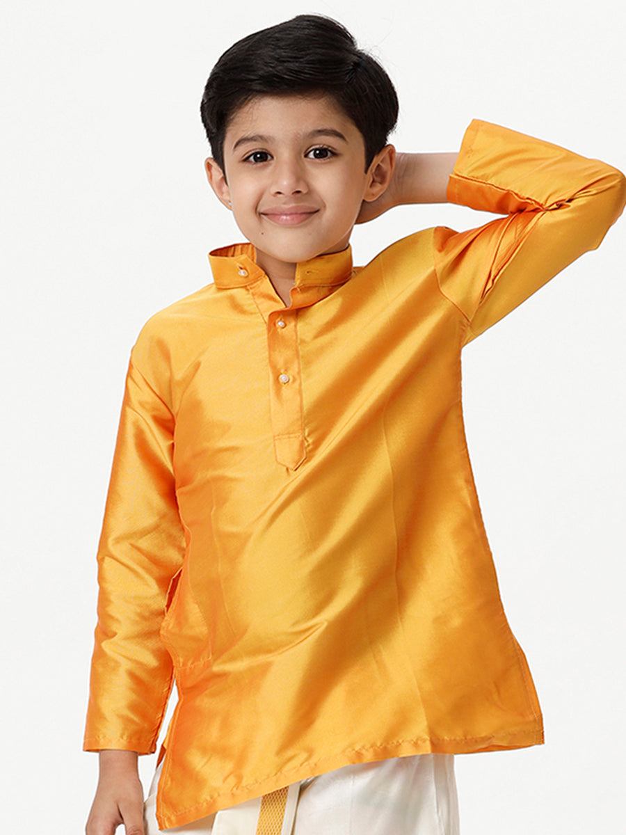 Boys Silk Cotton Full Sleeves Golden Yellow Kurta-Front view