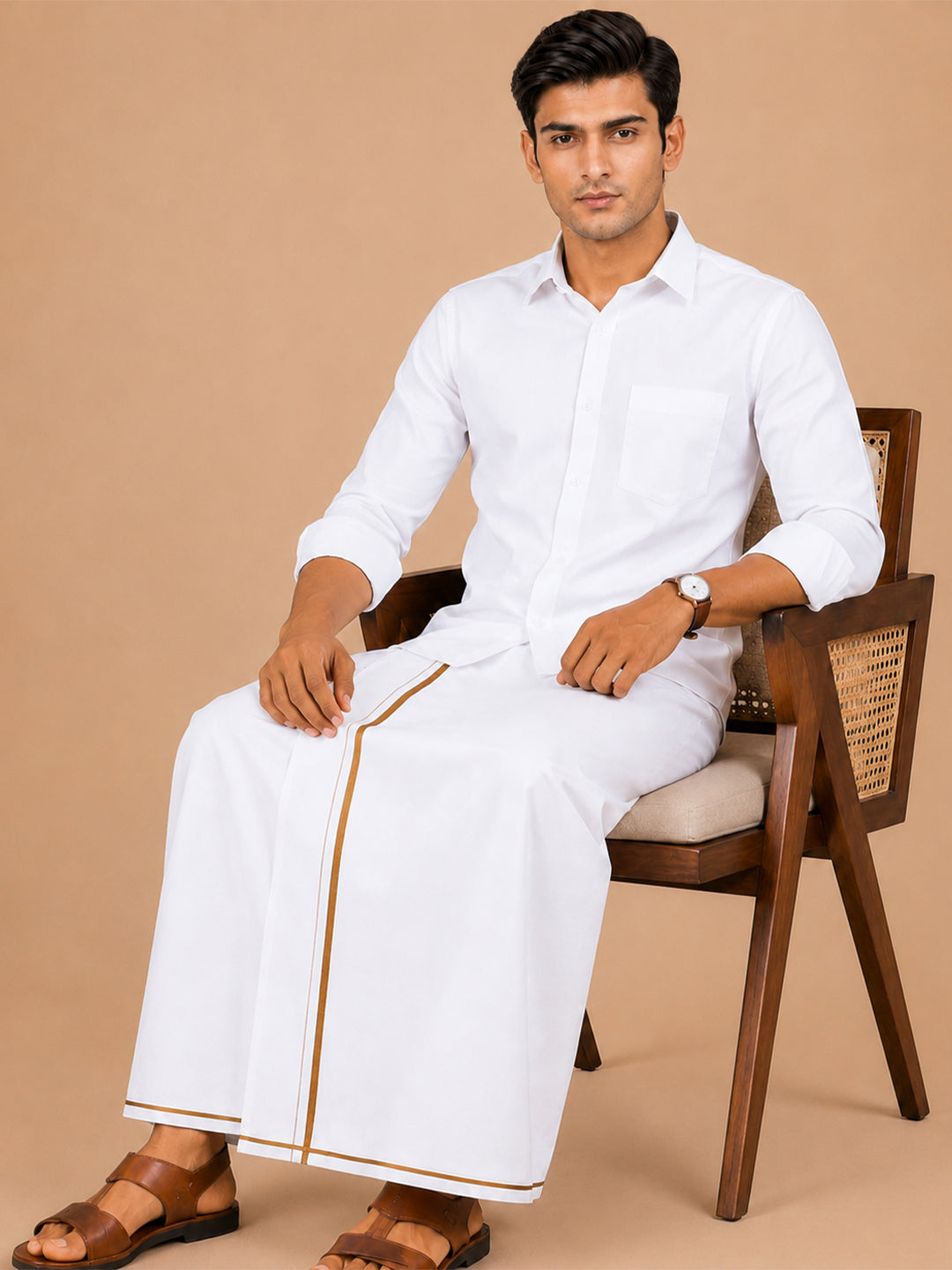 Single Layer Cotton Linen White Dhoti with Small Border - Lee Sort LDS03