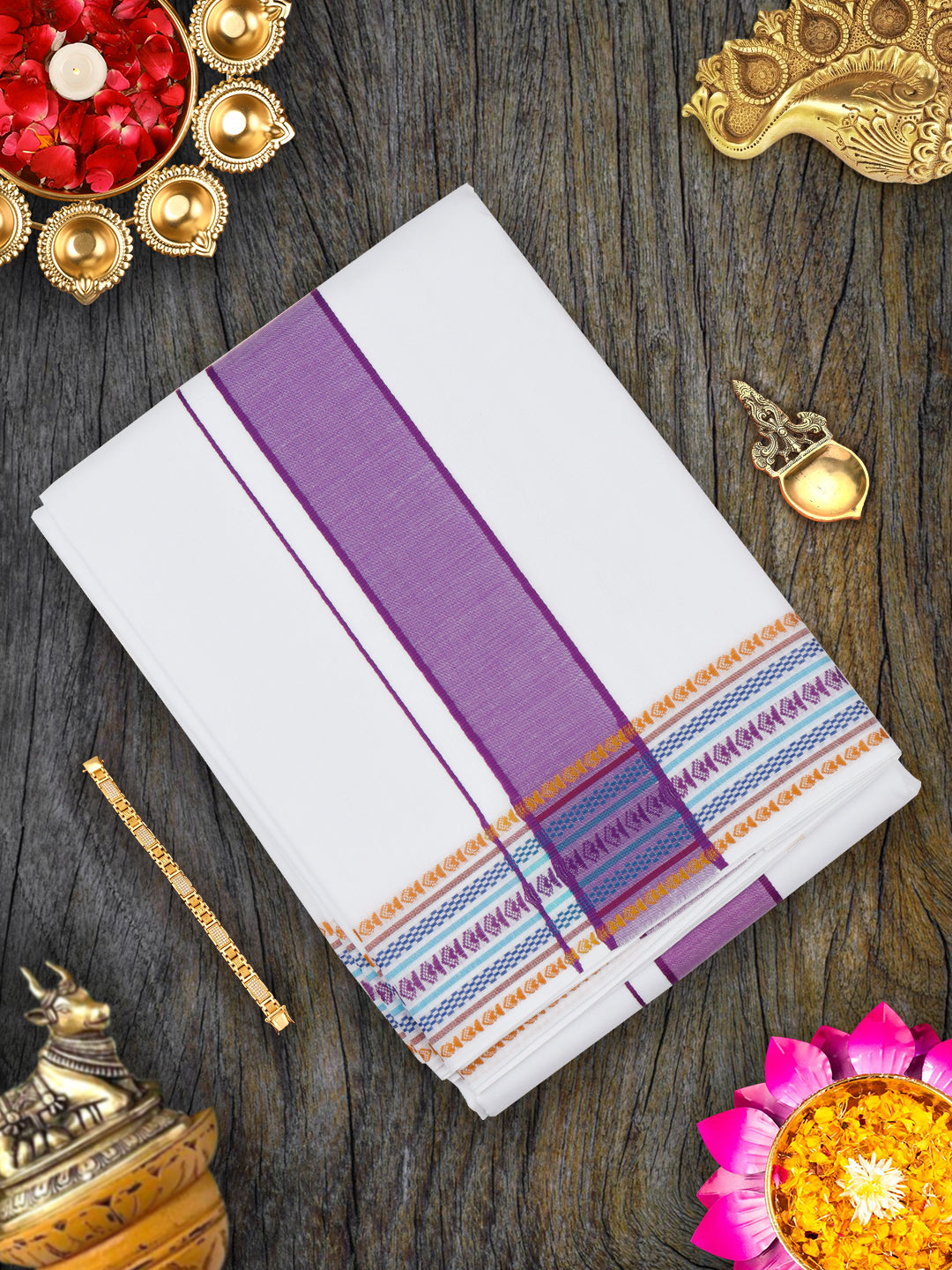 Mens White Panchakacham with Angavasthram Purple Fancy Border Srirasthu (9+5)