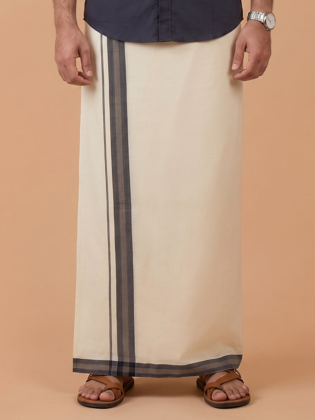 Double Layer Premium Handloom Cream Dhoti with Colour Border - HLM121