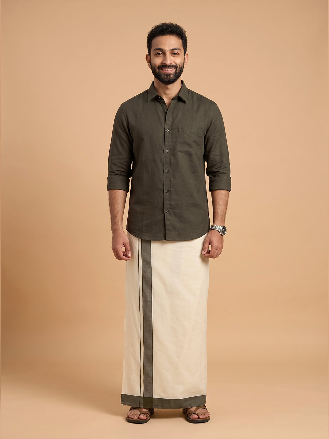 Double Layer 100% Cotton Cream Kora Dhoti with Colour Border - GK01