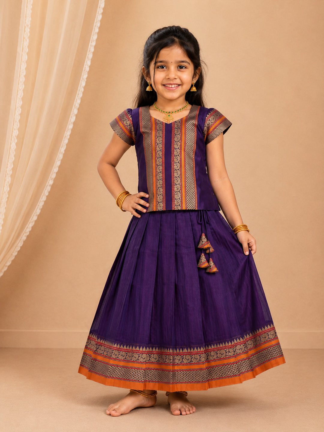 Girls Cotton Purple Pattu Pavadai Set GPS46