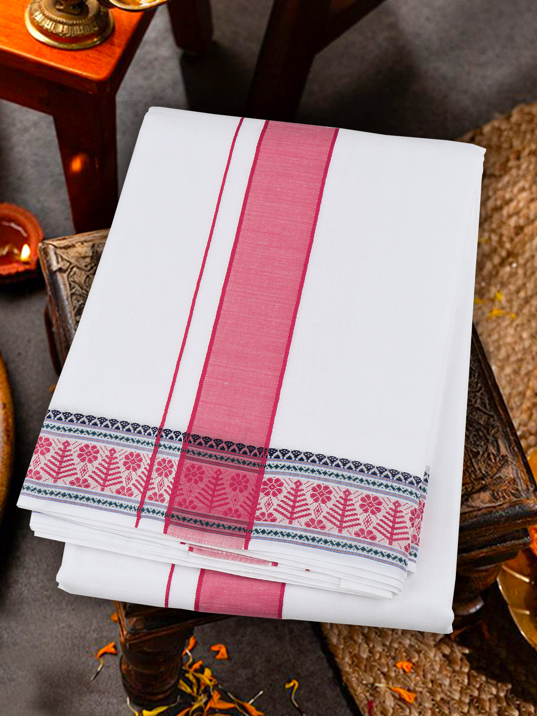 Men Cotton Pink Fancy Border Panchakacham with Angavasthram Srirasthu(9+5) SR54