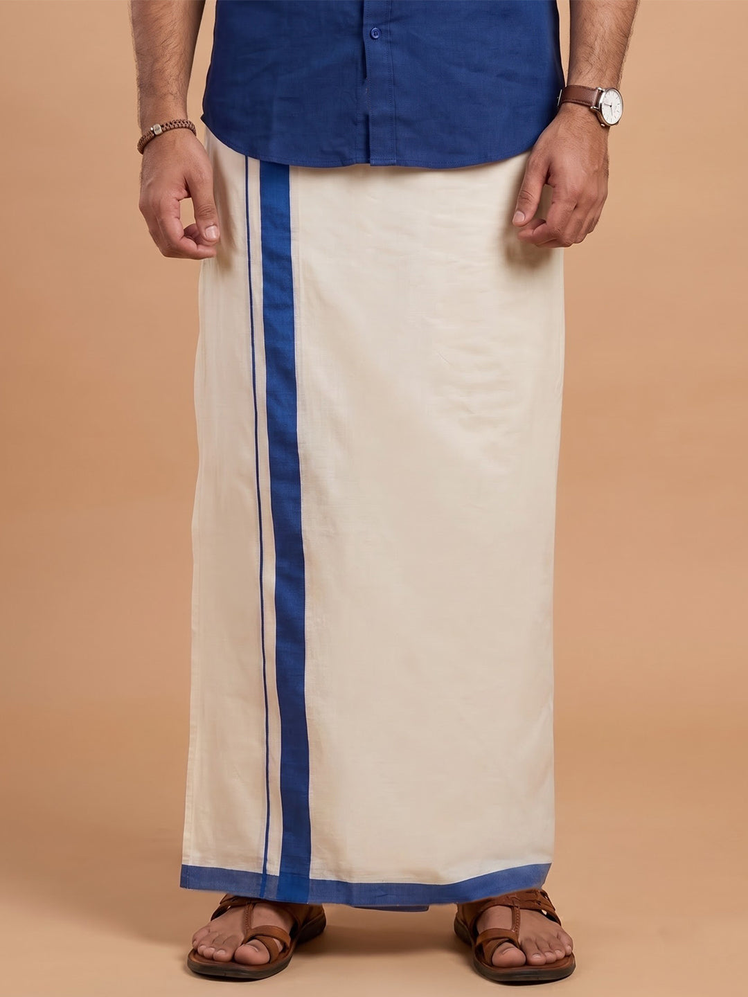 Double Layer 100% Cotton Cream Kora Dhoti with Colour Border - BSD02