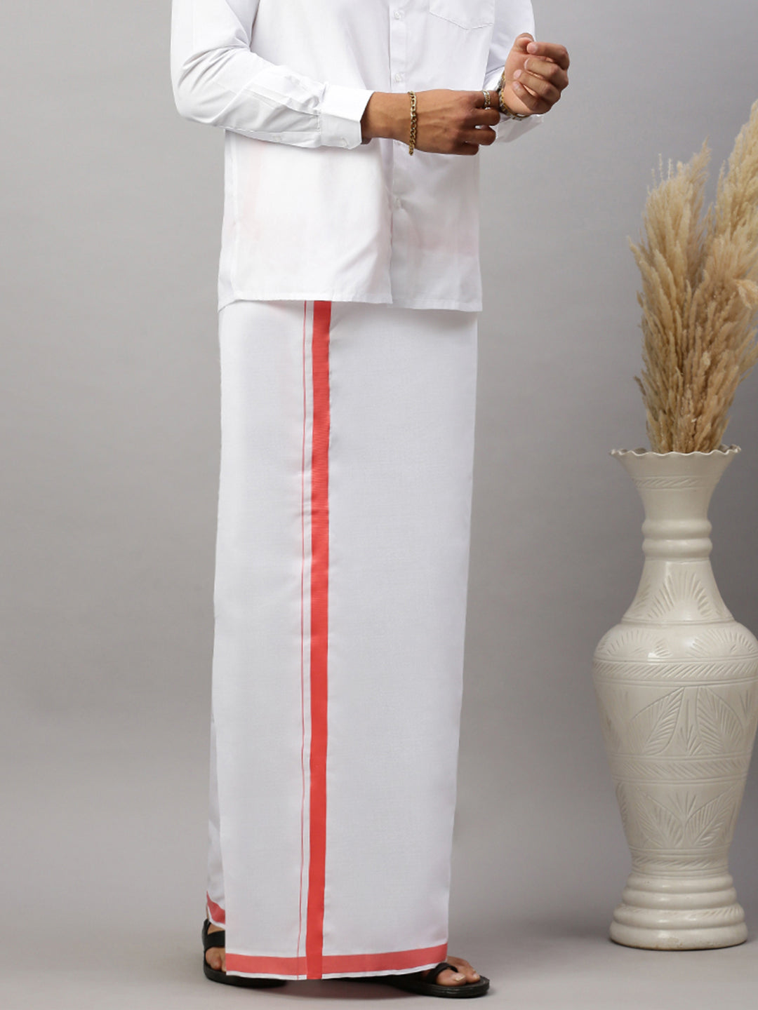 Men Cotton Blend Single Layer White Dhoti with Big Border WS22