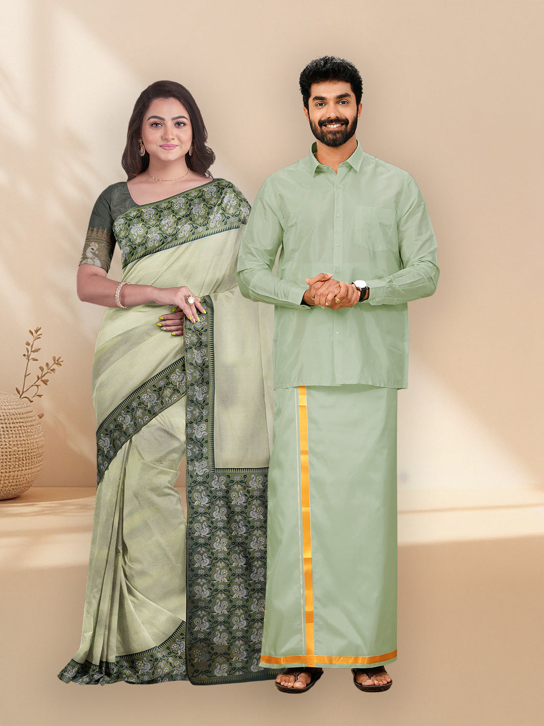 Couple Combo Shirt & Dhoti Set with Saree Green ASS71