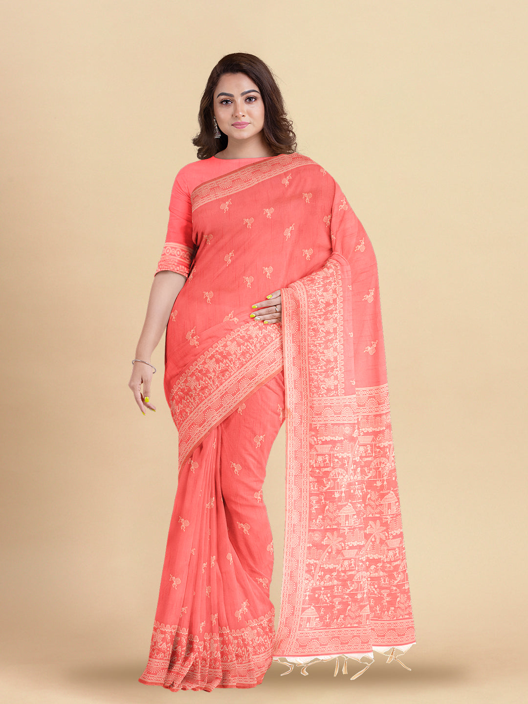 Women Elegant Look Pinkish Orange Semi Raw Silk Weaving Saree - SRS36