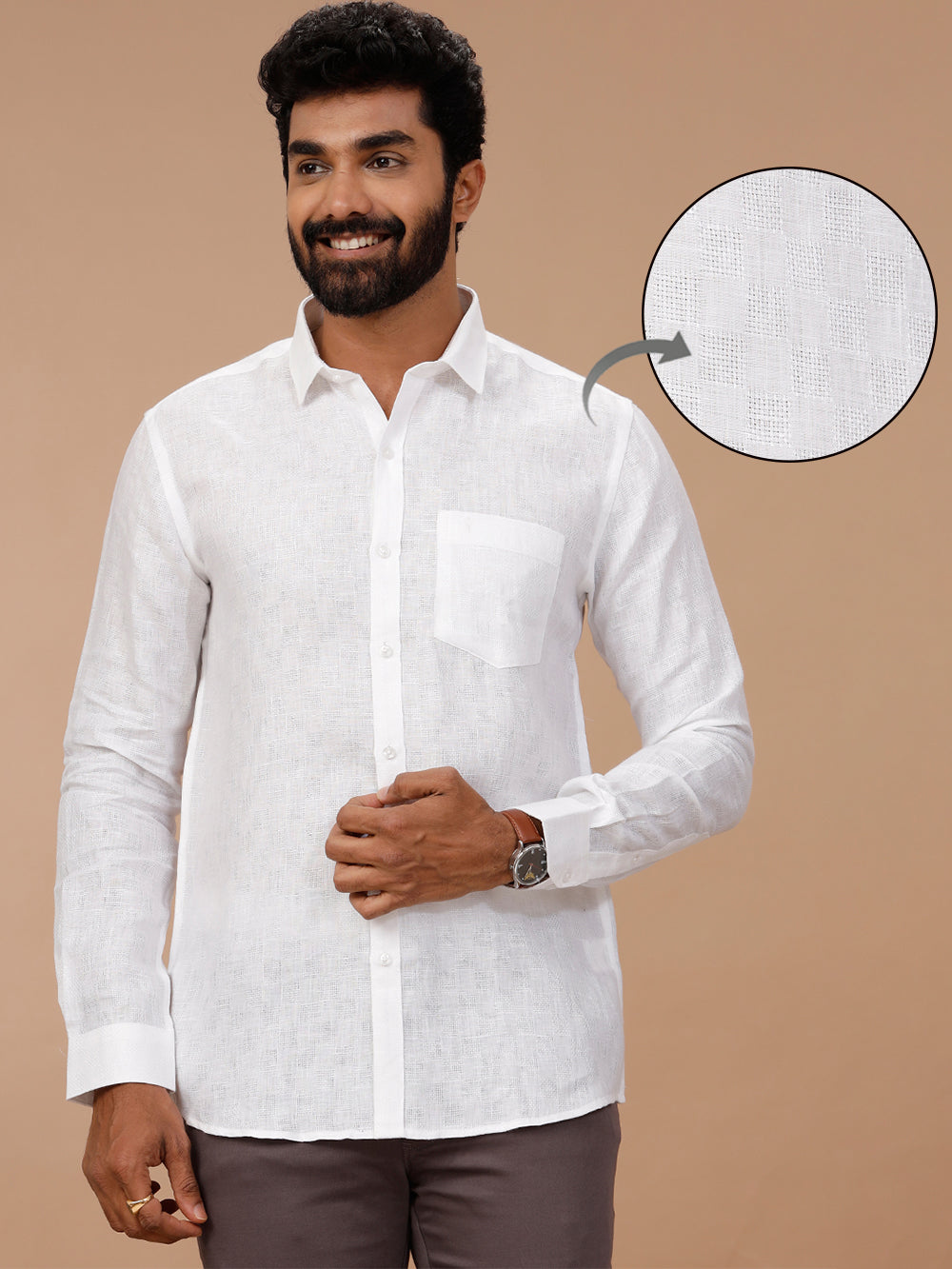 Men Pure Linen White Shirt with Self Design 1532JF