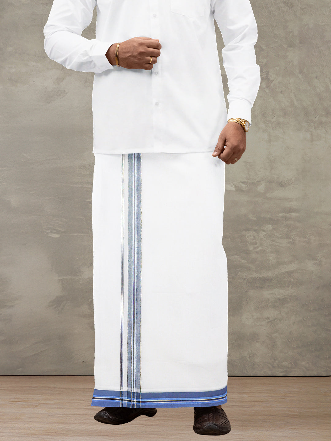 Men 100% Cotton Double Layer White Dhoti with Fancy Jari Border EJF12